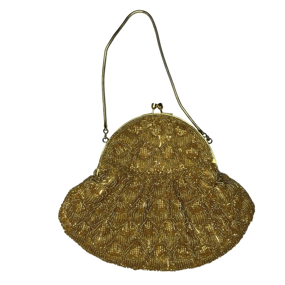 Antique Beaded Gold Tone Mini Evening Bag Clasp Closure Chain Strap Glam Regency